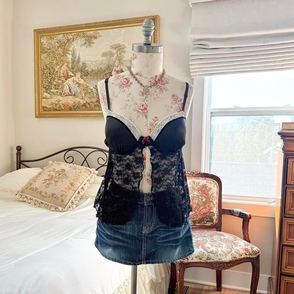 black lace babydoll top  y2k apt 9 black‎ lace babydoll top size large